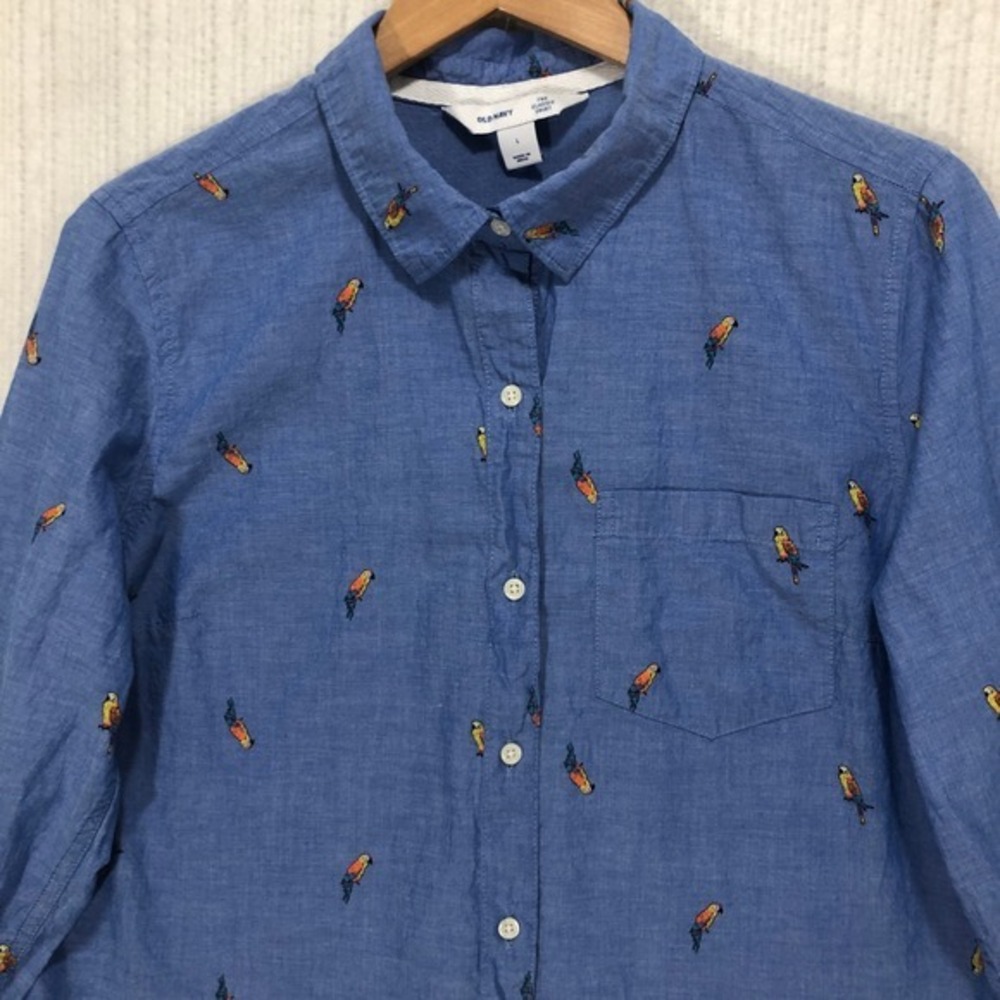 Old Navy Blue Cotton Parrot Embroidered Classic Button Down Shirt Womens Large